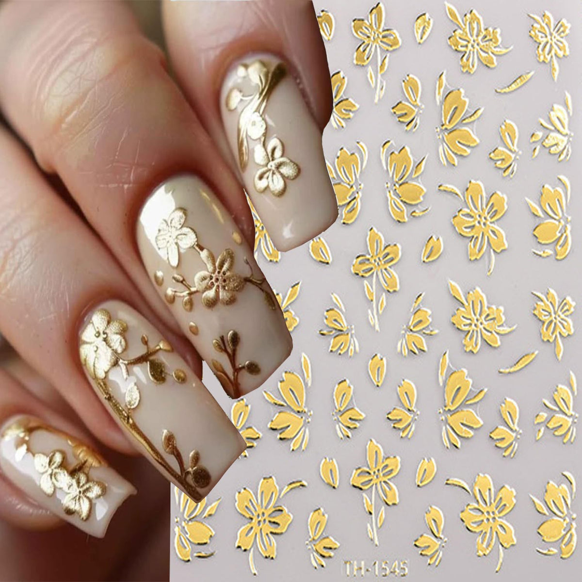 6 Sheets Gold Nail Art Stickers 3D Self -Adhesive Golden Flowers Leaves Nail Decals Holographic Hot Stamping Floral Nail Stickers Summer Blossom Nail Decoration for Women DIY Manicure Supplies