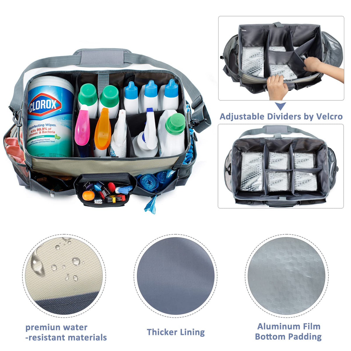 FRECOLSH Large Cleaning Supplies Organizer-Cleaning Caddy Organizer With Handles & Shoulder Strap-Cleaning Bags for Cleaning Suppliers-Housekeepers Wearable Cleaning Tote Upgraded