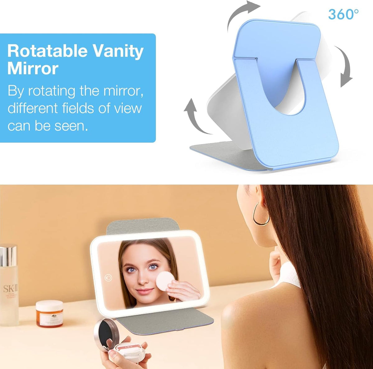 Kintion Travel Makeup Mirror, Portable LED Lighted Makeup Mirror, 360° Rotation Touch Screen Vanity Mirror, 60 LEDs, 3-Color Dimmable Lighting, Rechargeable Tabletop Folding Cosmetic Mirror, Blue