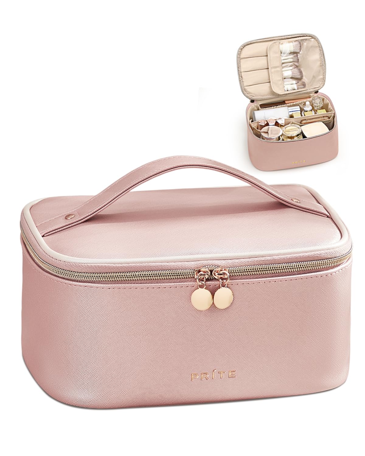 Prite Makeup Bag, Large Capacity Portable Travel Cosmetic Bag, Waterproof Makeup Organizer for Women with Handle and Divider(Pearl Pink)
