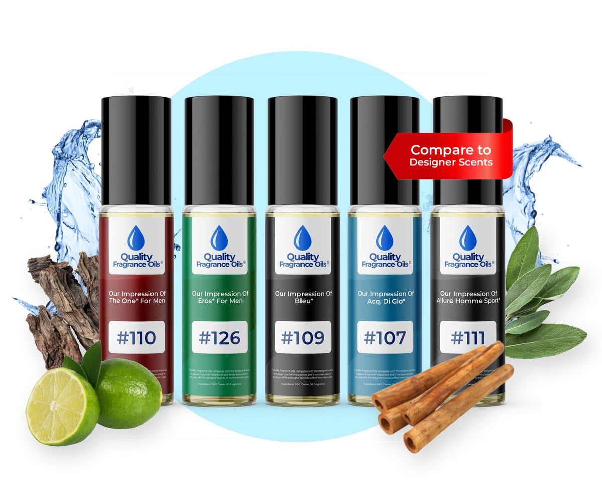 Quality Fragrance Oils' Men's Top 5 Cologne Impressions (Generic Versions of Designer Fragrance) Sampler Gift Set of 5 10ml Roll-ons, Long-lasting oils