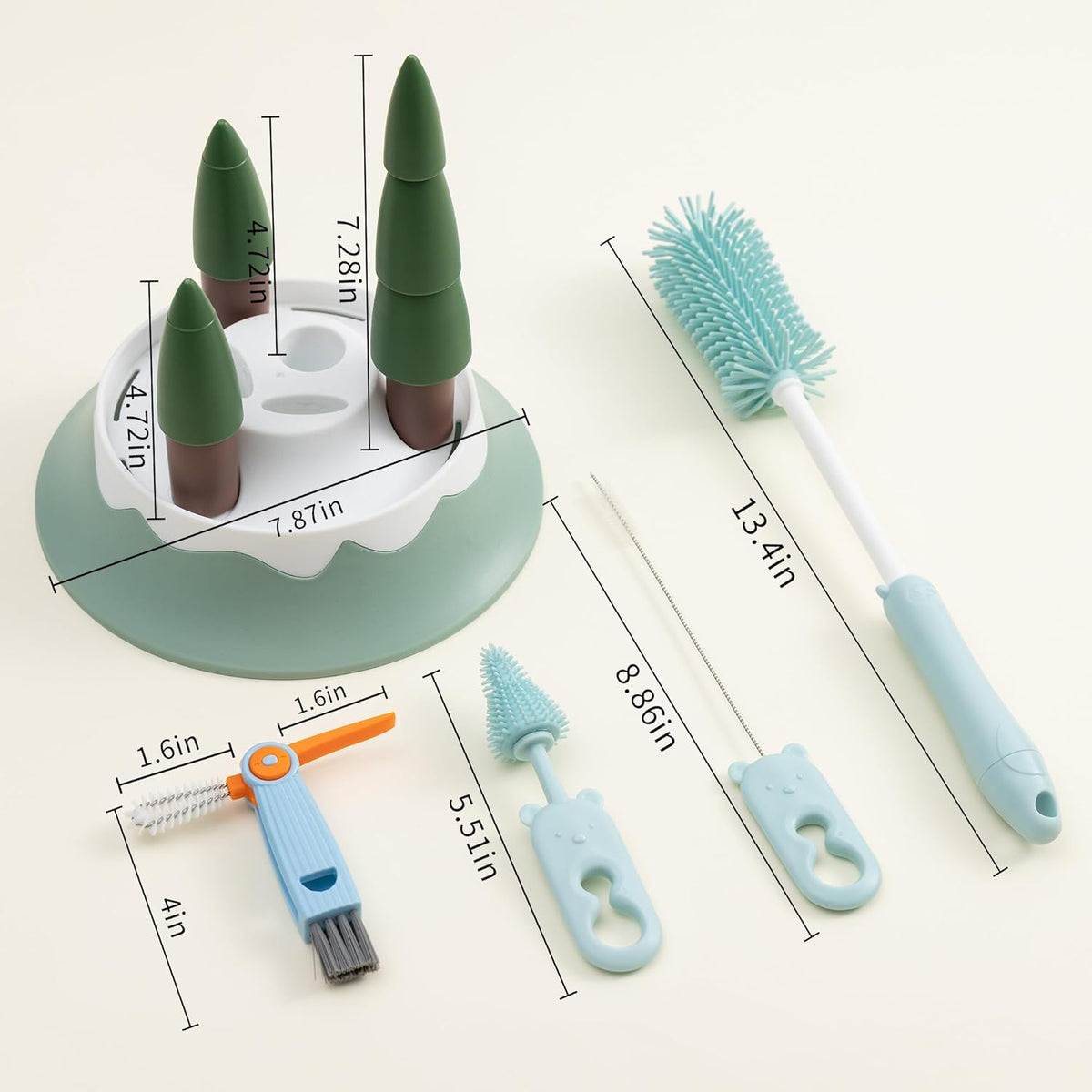 Baby Bottle Drying Rack and Cleaning Set, with Straight Silicone Baby Bottle Brush, Pacifier Brush, Straw Brush, Cup Lid Cleaning Brush, 2025 Xmas Holiday Surprise Gift for Newmom, Z Blue