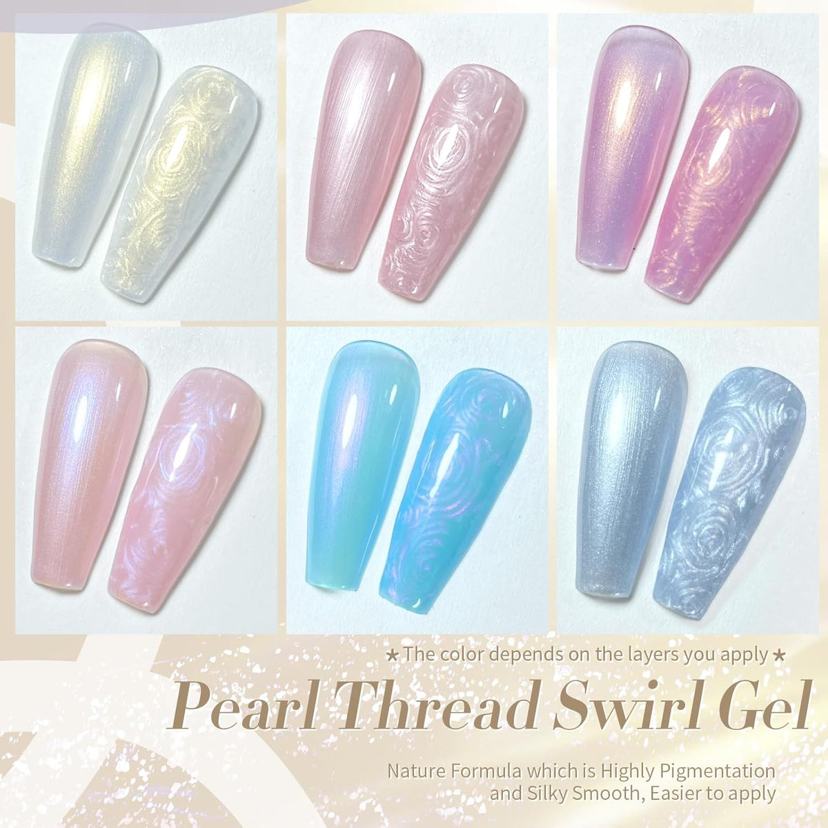 Born Pretty Pearl Gel Nail Polish Aurora Iridescent Glitter Shimmer Pearl Effect White Pink Purple Blue Mermaid Drawing Gel Nail Polish Shell Swirl Thread Effect Nail Gel Soak Off Led DIY Gift 6PCS