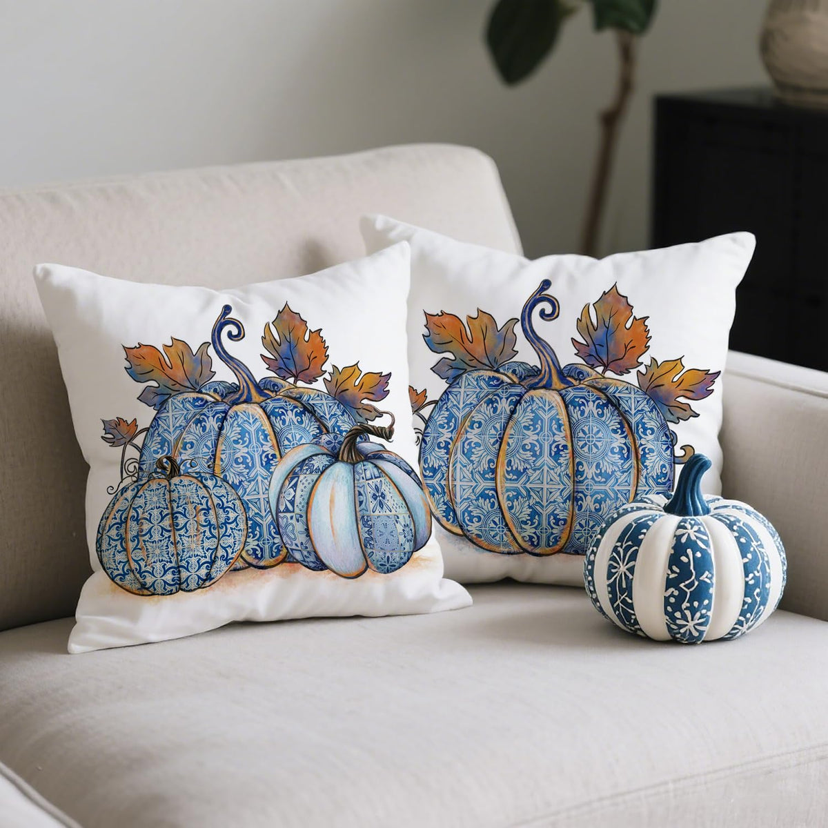 Puacino Fall Pumpjin Pillow Covers 18x18 Inch Set of 2, Blue Porcelain Pumpkin Decorative Pillow Cases for Couch Sofa, Autumn Harvest Farmhouse Decor Cushion Cover for Thanksgiving Home Decoration