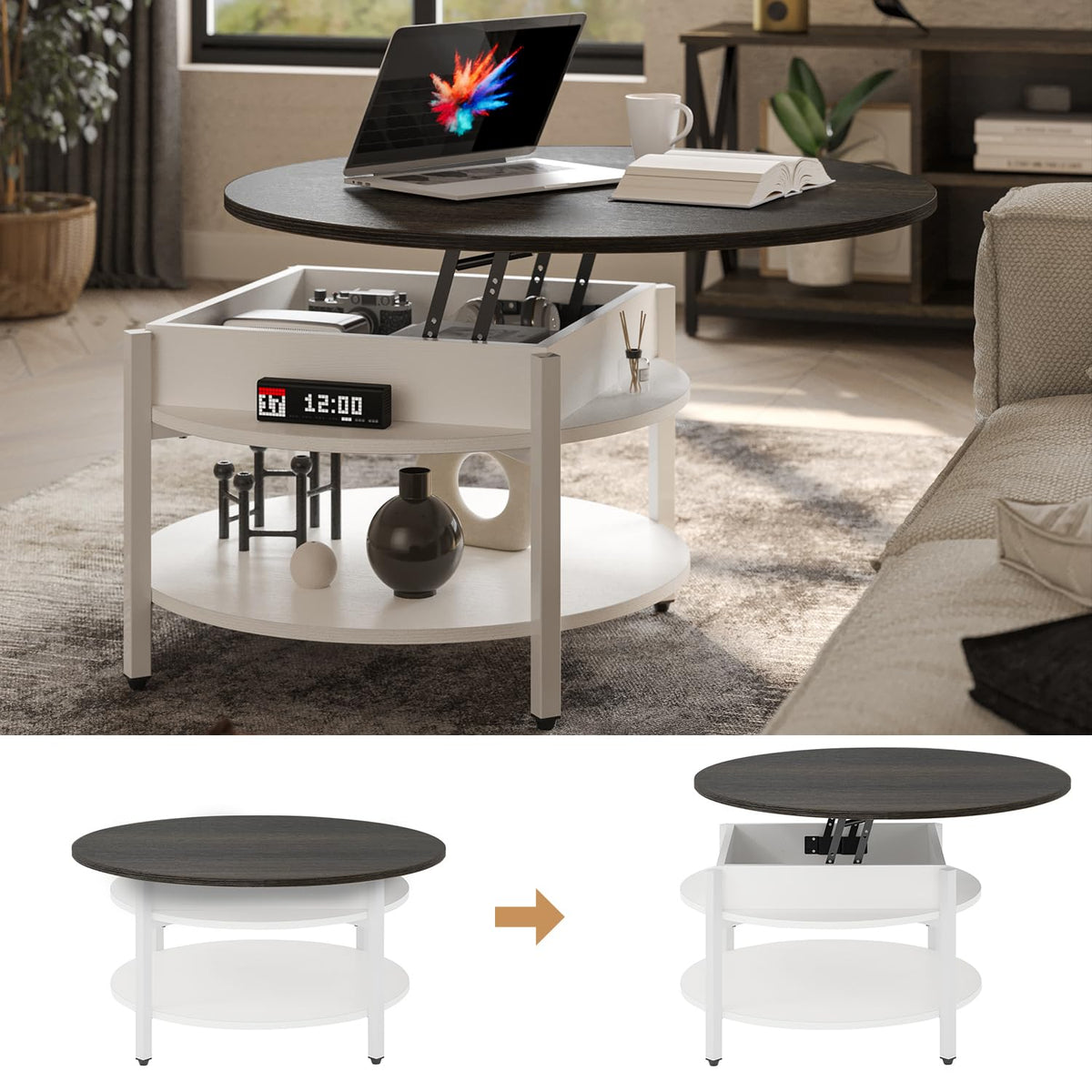 FABATO Round Lift Top Coffee Table with Storage and Hidden Compartment, 26.77'' Farmhouse Coffee Table for Living Room Reception Room, 2 Tier Small Round Coffee Table Circle Dining Table, White