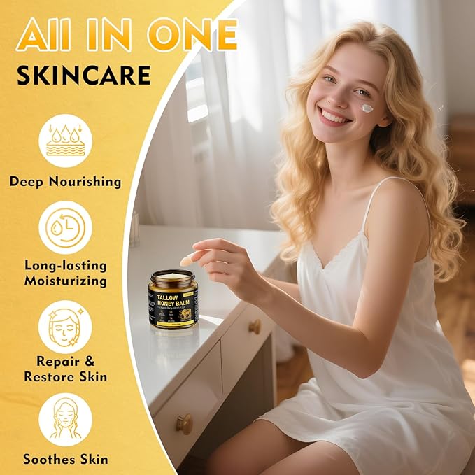 Organic Beef Tallow for Skin, Face & Body Moisturizer, Whipped Tallow Honey Balm Cream with Raw Honey, Grass Fed Cow Beef Tallow, All Natural Pure Body Lotion for Soft Smooth Skin, Unscented 4.2 OZ