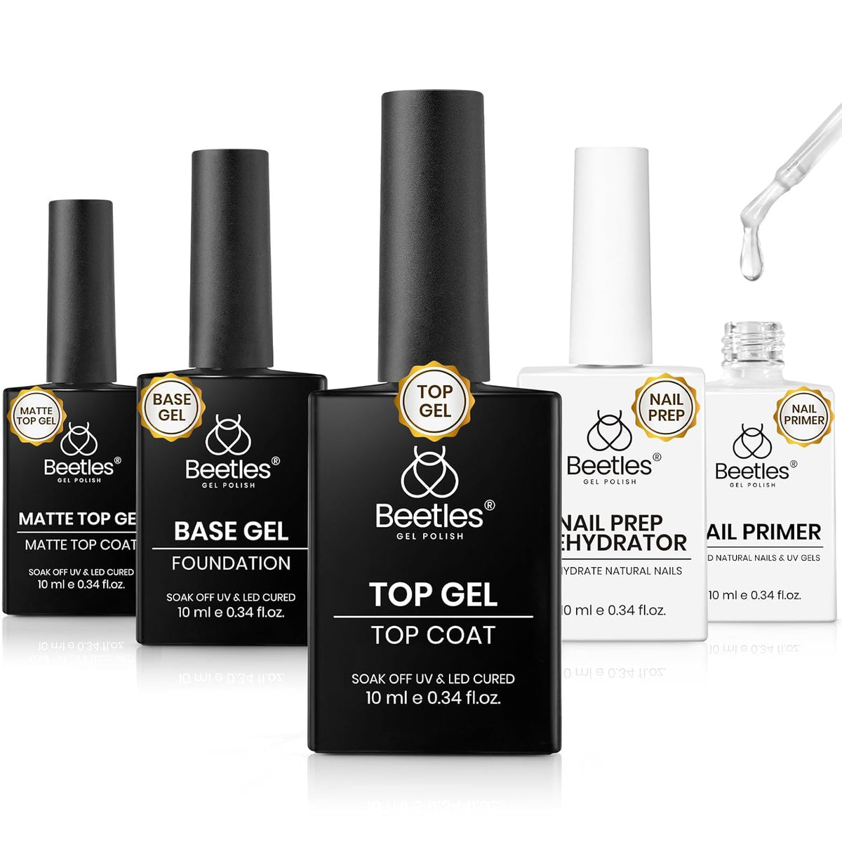 Beetles Gel Top Coat and Base Coat Set with Nail Dehydrator and Primer, 5 Pcs 10ml Glossy & Matte Top Coat Gel Nail Polish Nail Prep Acid-Free and Hema-Free Dehydrate Bond Primer Set for Acrylic