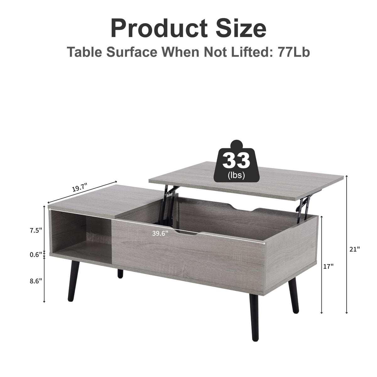 39" Coffee Table, Wood Lift Top Coffee Tables for Living Room with Storage Shelf and Hidden Compartment, Grey
