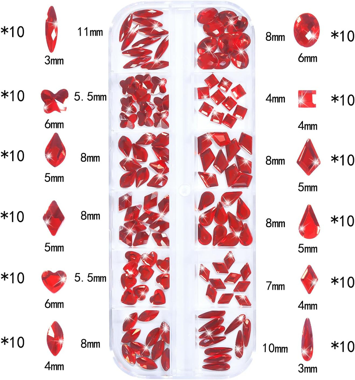 Nail Rhinestones - 3D Multi Shape Size, Flat Back, Crystals Manicure Rhinestones Charms, Red Nail Gems, with Kit, for Nail Art, Bedazzling Acrylic Nails, DIY Decor