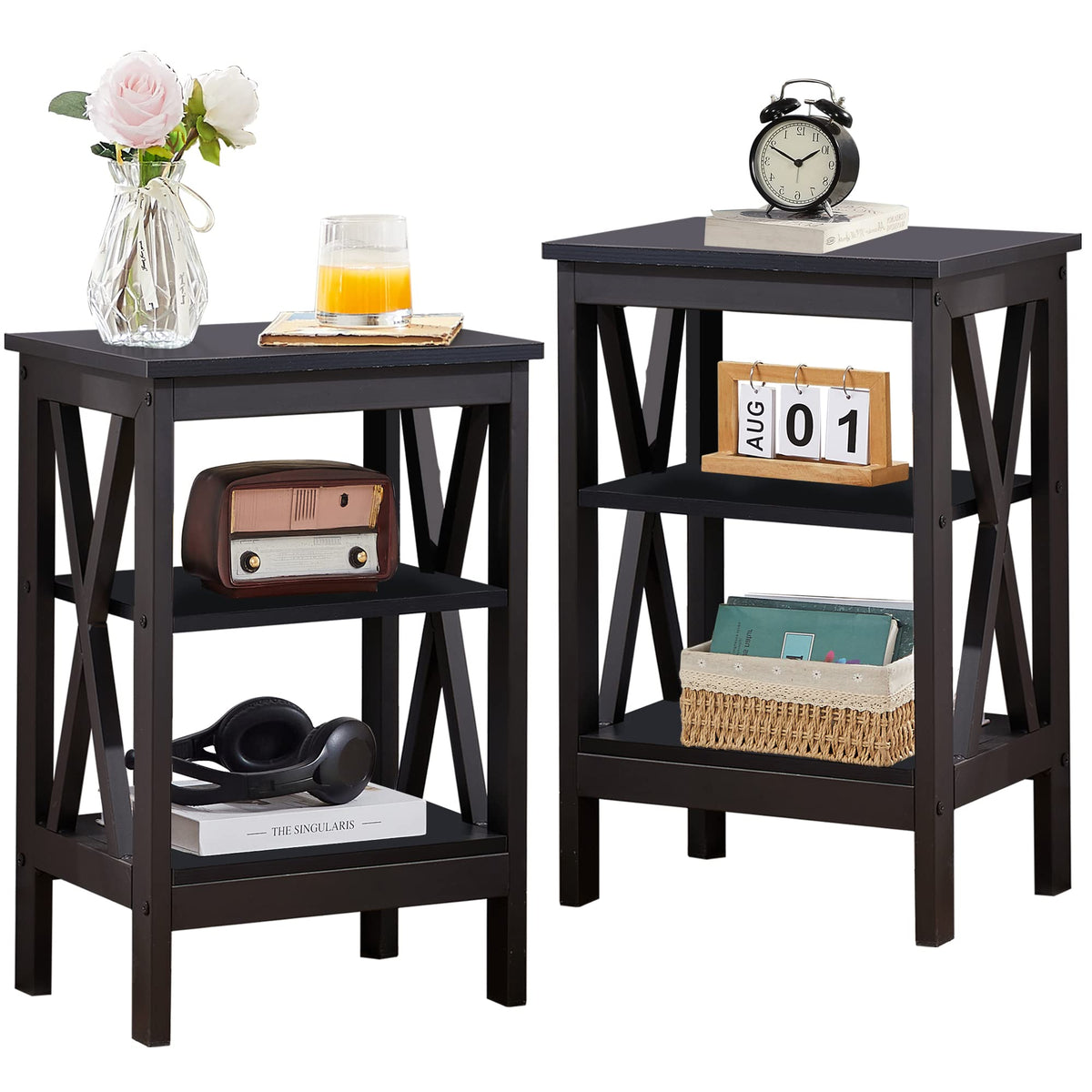 VECELO Modern Nightstands X-Design Side End Table Night Stand with Storage Shelf for Bedroom,Living Room,Set of 2 (Black A2)