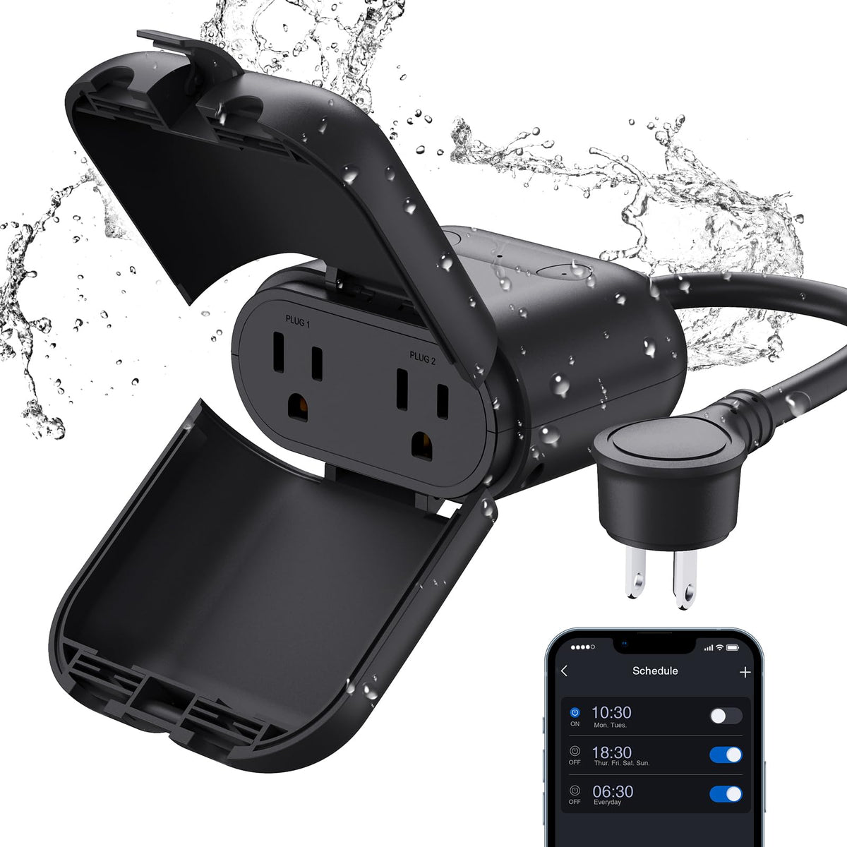 ELEGRP PQR20 Outdoor Smart Plug Waterproof IP66, WiFi Plug with 2 Individually Sockets, Compatible with Alexa & Google Assistant, Smart Outdoor Outlet for String Lights, UL Certified, 1 Pack, Black