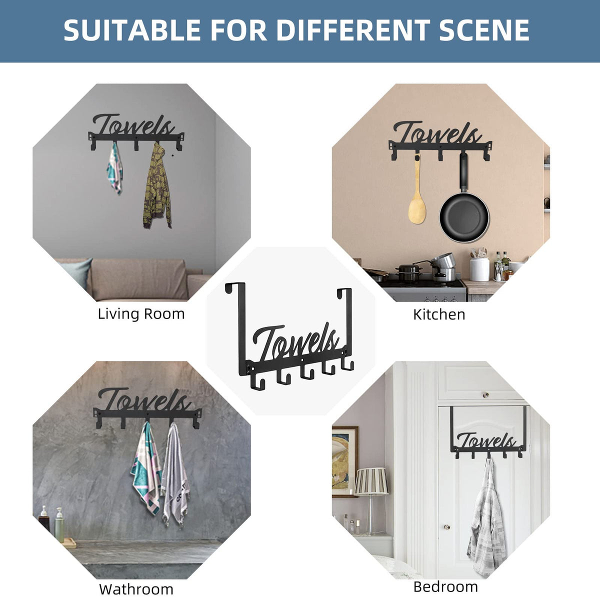 Azmoncy Over The Door Hooks, Towel Rack Towel Hooks for Bathroom, Towel Holder for Hanging Heavy Duty, Door Rack Over Door Hanger with 5 Coat Hooks for Bedroom Bathroom Kitchen, Black