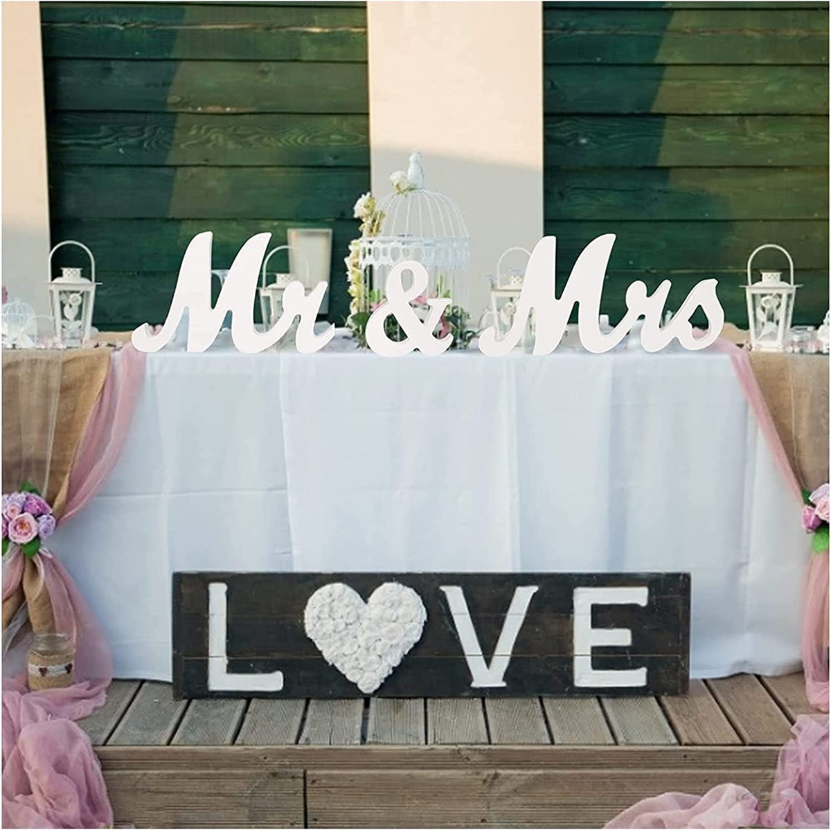 LinTimes Mr and Mrs Sign, Rustic Wooden Freestanding Mr & Mrs Letters Signs, Wedding Table, Photo Props, Party Table, Top Dinner Decorations, Just Married Anniversary Wedding Gifts, White