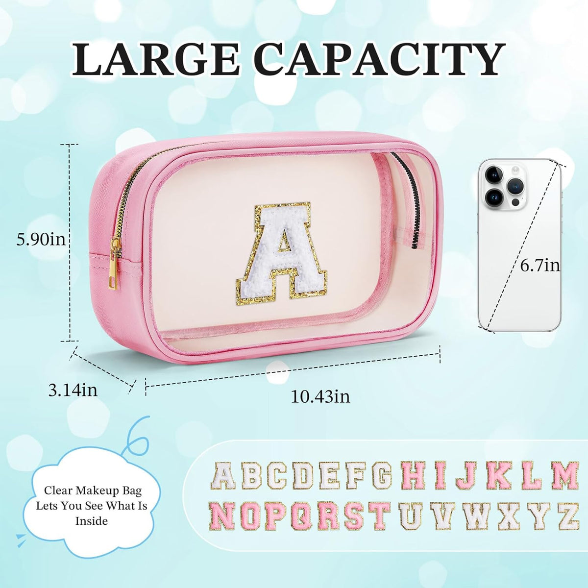 YOOLIFE Travel Clear Makeup Bag Toiletry Bag, Make up Bag Waterproof Toiletry Bags for Women Cosmetic Bag Preppy Stuff Birthday Gifts for Women Personalized Pink Mother Girlfriend Wife Gifts Letter O