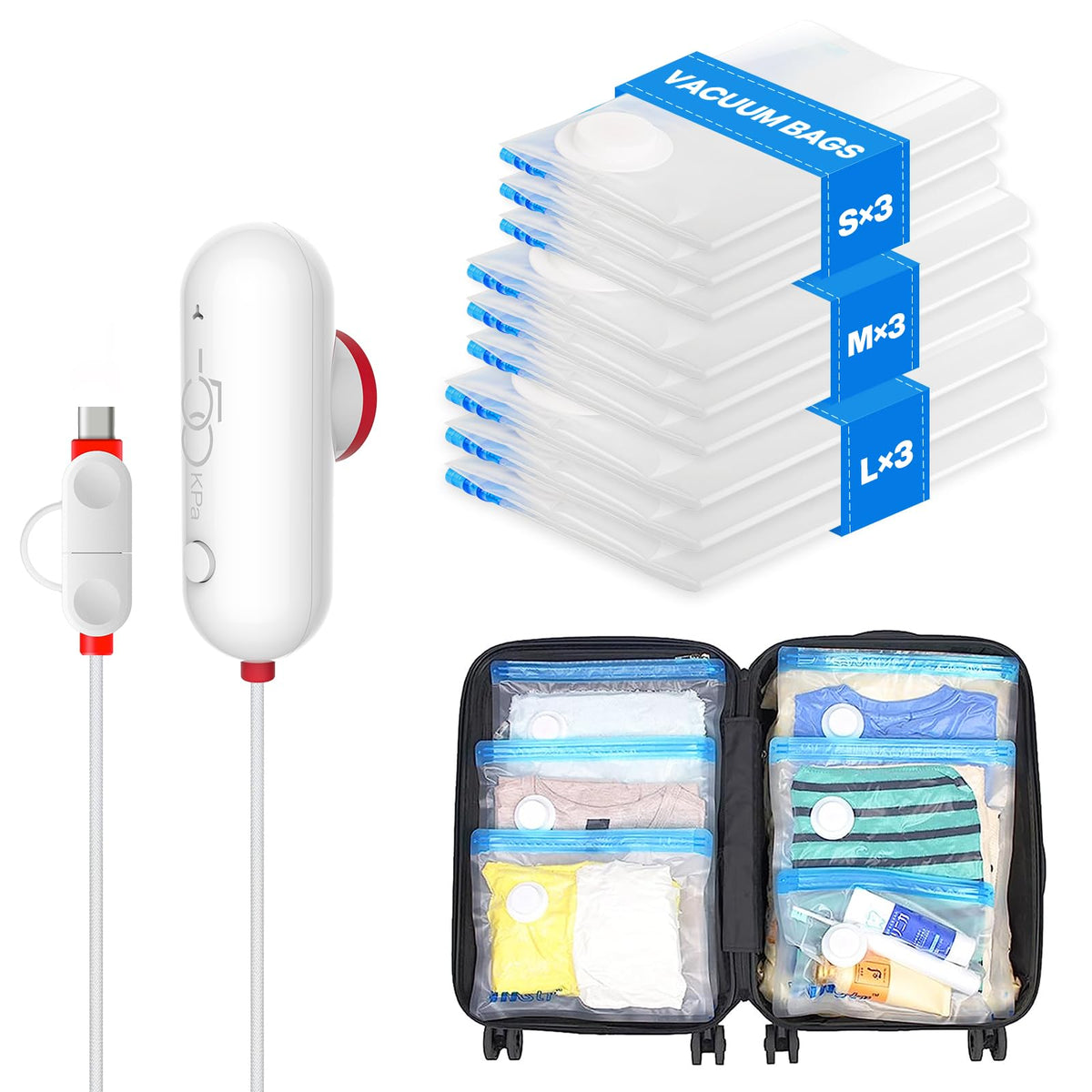 VMstr 15 Pack Travel Vacuum Storage Bags with USB Pump, Vacuum Packing Seal for Luggage and Suitcase, Space Saver for Clothes and Clothing Travel