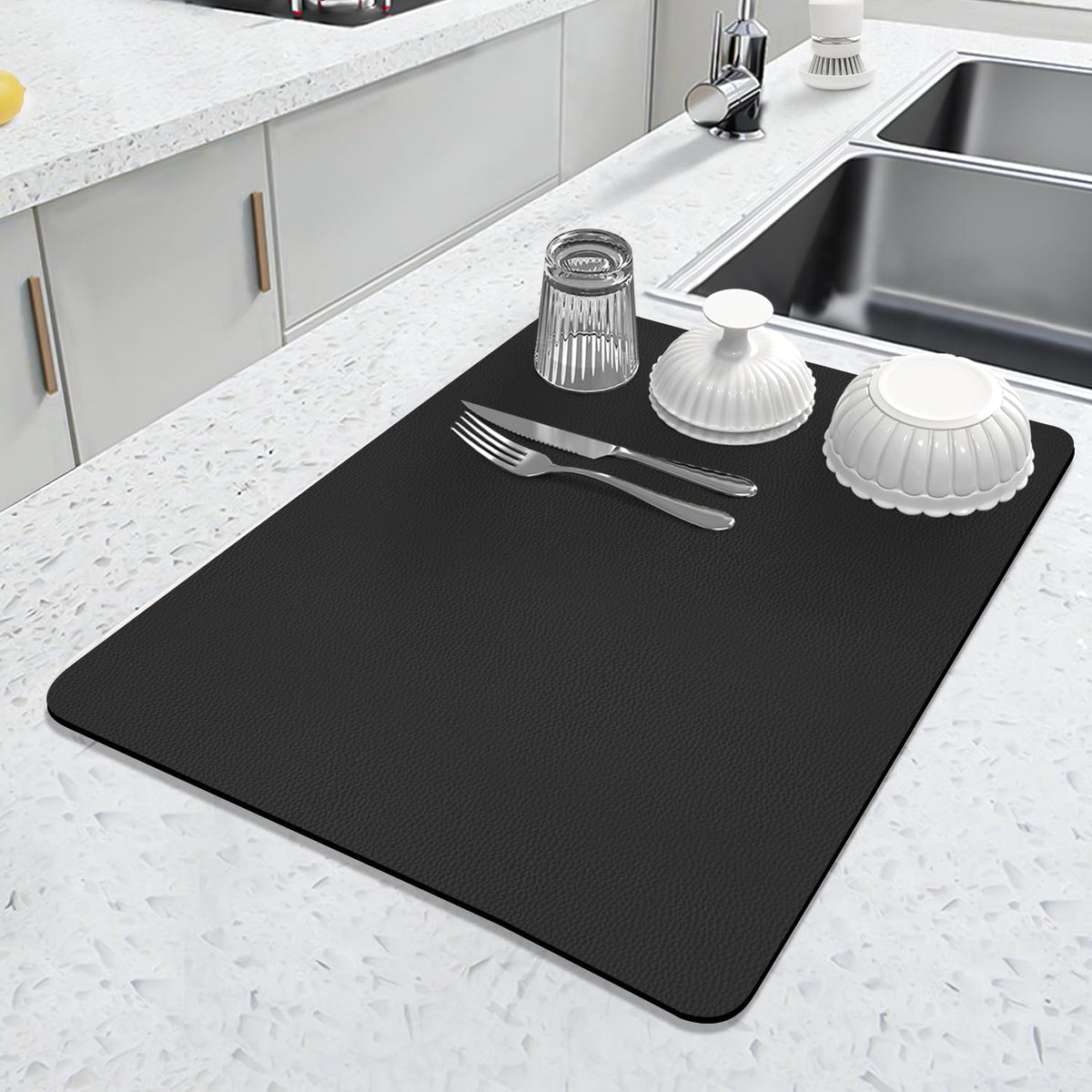 LOPNUR Kitchen Dish Drying Mat, 18"x16" Small Dish Drying Mats for Kitchen Counter, Super Absorbent Dish Drying Pad, Diatomite Coffee Mat Heat Resistant Mat with Anti-slip Rubber Backed, Black