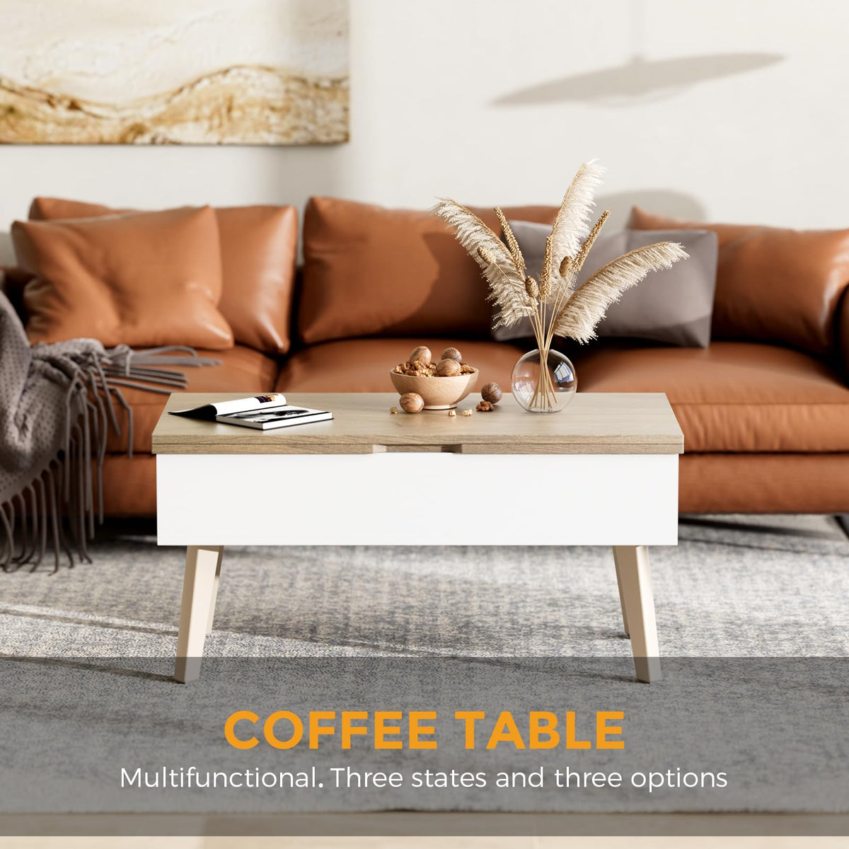 Bidiso 3 in 1 Lift Top Coffee Table, Ten Minutes Install Multifunction Coffee Table, Coffee Table Converts to Dining Table, Lift Top Dining Table Work Desk with Storage,Light Oak