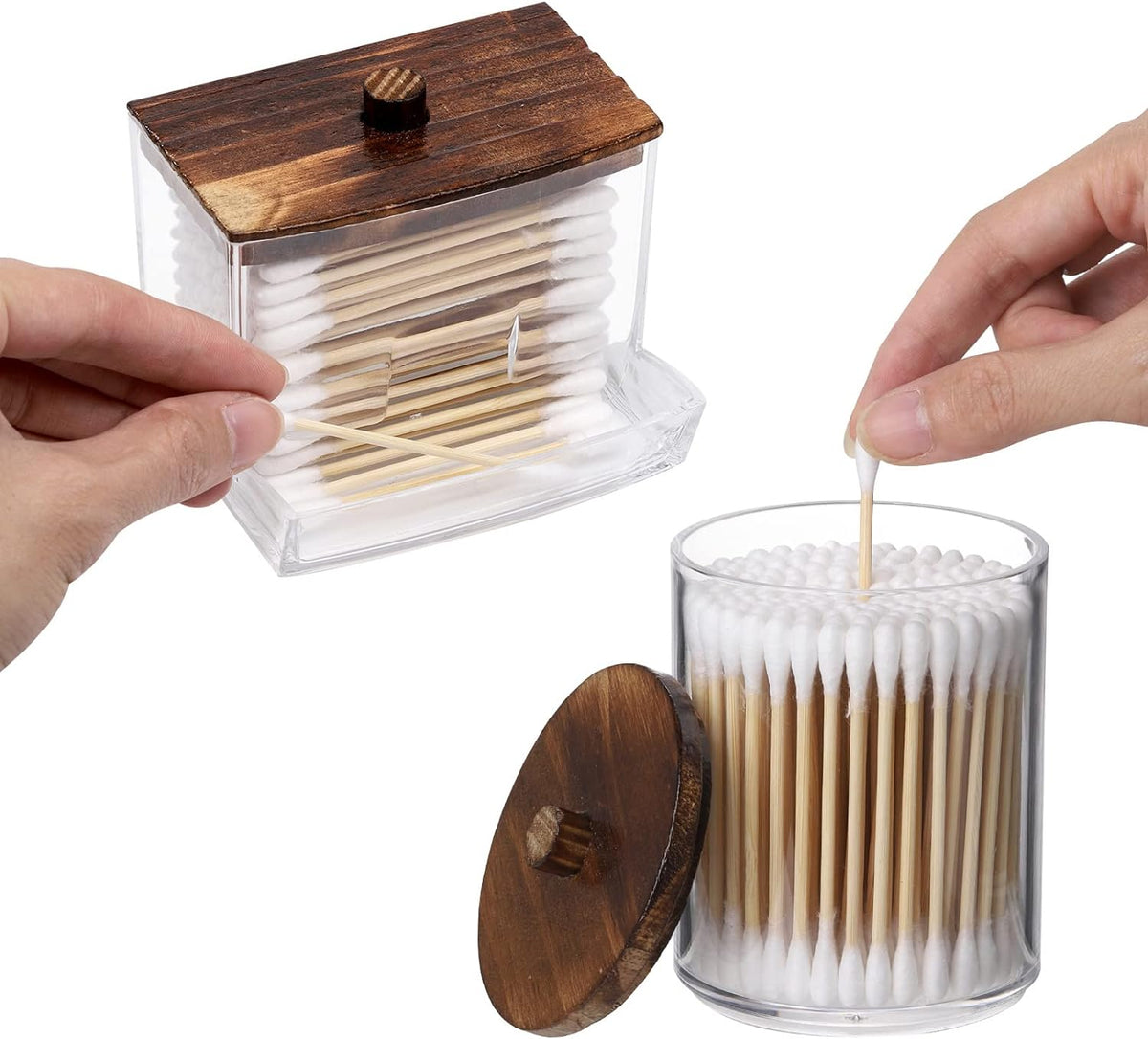 Tbestmax Qtips Holder Bathroom Container, 10/7 OZ Cotton Ball/Swabs Dispenser, Apothecary Jar Organizer for Storage Brown Wood Lids