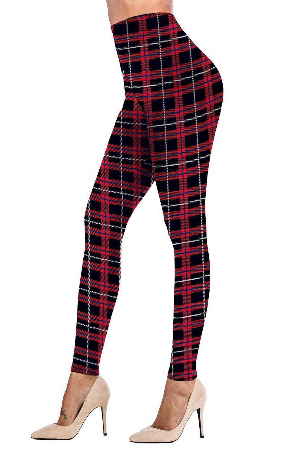 Uaderize Womens Ultra Soft Brushed Christmas Leggings Pants Red Plaid Patterned L