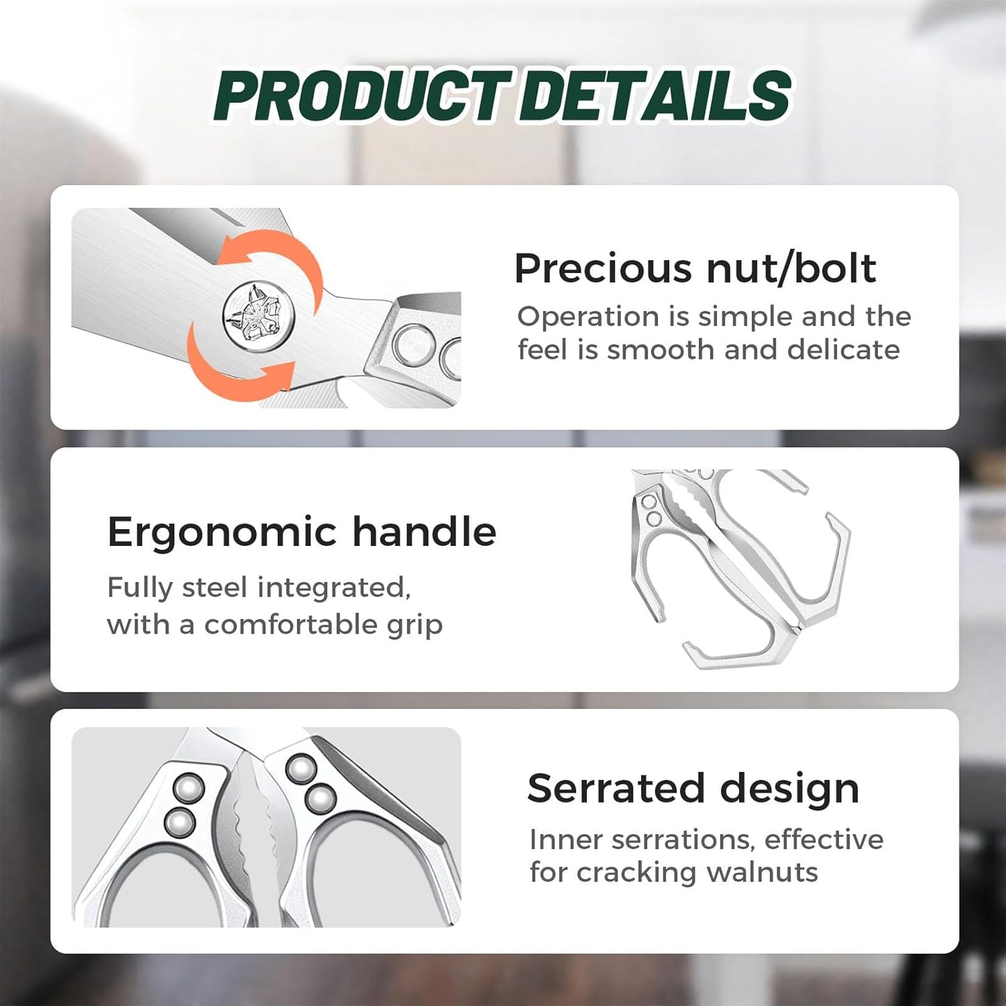 Multifunctional Heavy-Duty Kitchen Shears, Heavy Duty Kitchen Scissors for Food with Ergonomic Handle, High-Carbon Steel Culinary Shears for Chicken, Meat, Seafood, Bone Cutting (Sliver)