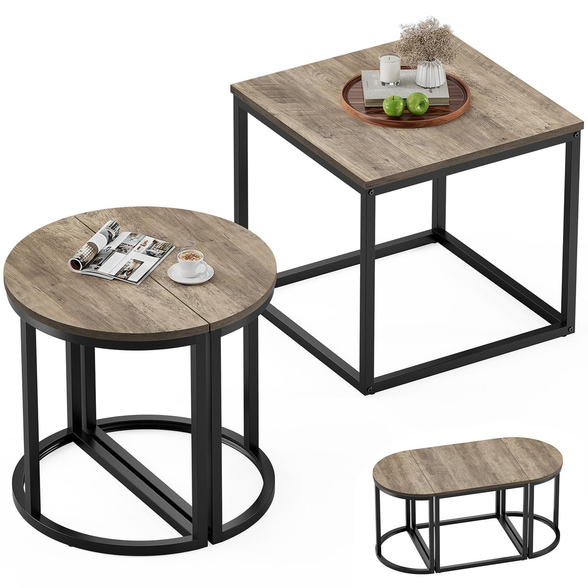 GreenForest Coffee Table Oval 3pcs Set, Modern Living Room Table with 2 End Tables, Small Center Table with Metal Frame for Home Apartment, Gray Wash