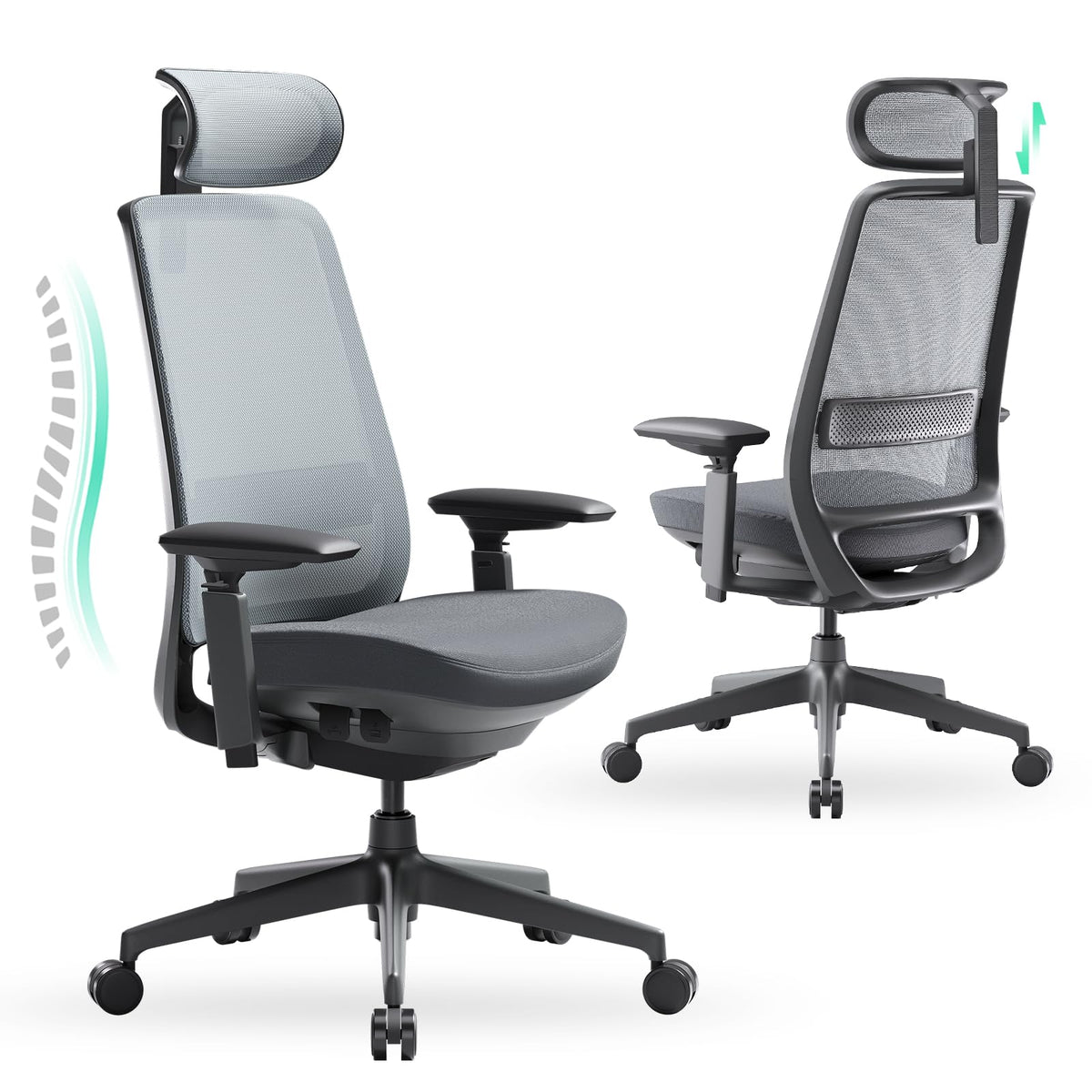 COLAMY Ergonomic Office Chair, High Back Computer Executive Desk Chair with Lumbar Support, Adjustable Headrest and 4D Arms, Slide Seat-BlackGrey