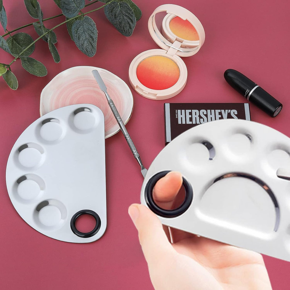Makeup Mixing Palette, Premium Stainless Steel Cosmetic Makeup Palette with Spatula Tool, Nail-art Cosmetic Palette for Mixing Cosmetic/Nail Polish/Pigment (Semicircle)