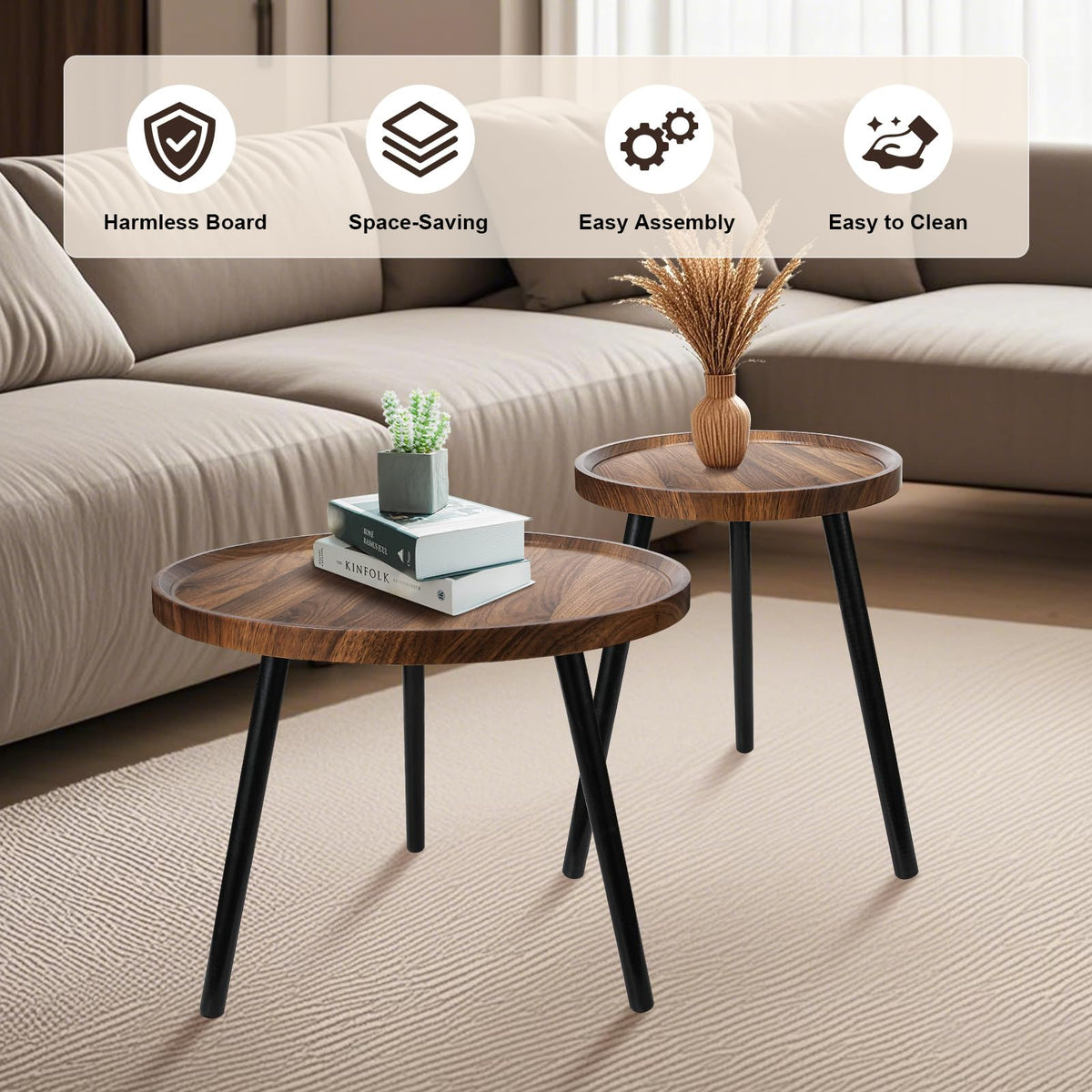 Nesting Coffee Table Set of 2, Modern Round Coffee Tables Nesting Side Table Set, Easy Assembly Nesting Tables for Living Room, Walnut Wood End Tables for Home Office Yard