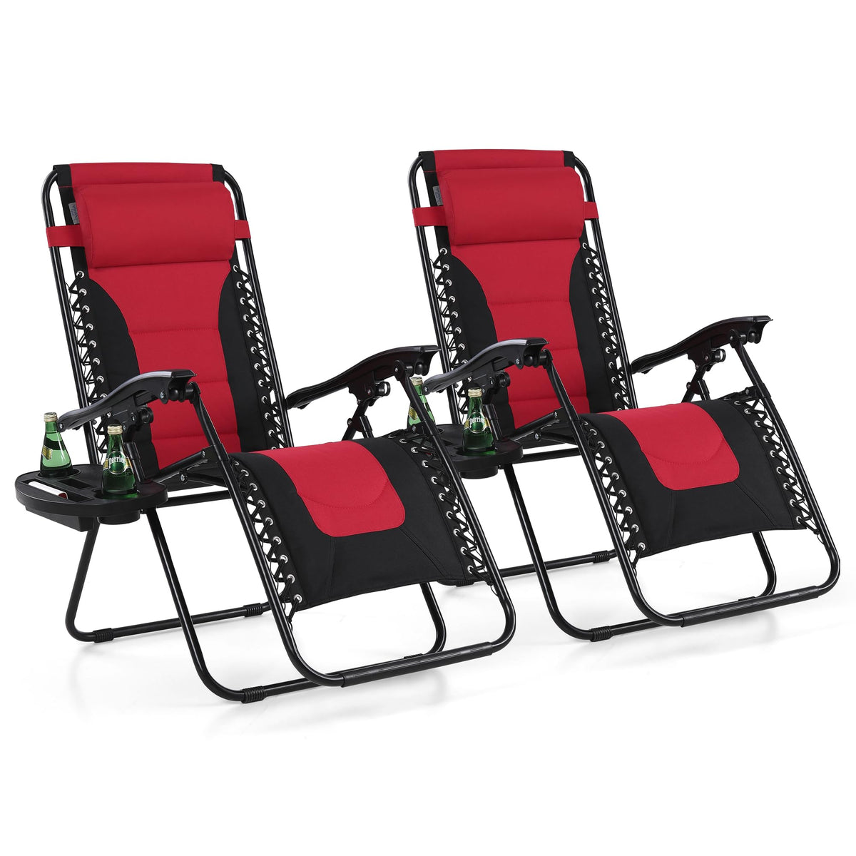 MAISON ARTS Padded Zero Gravity Lawn Chairs Set of 2 Foldable Patio Recliners Anti Gravity Lounge Chairs w/Pillow & Cup Holder Outdoor Camp Chairs for Poolside Backyard Beach Red