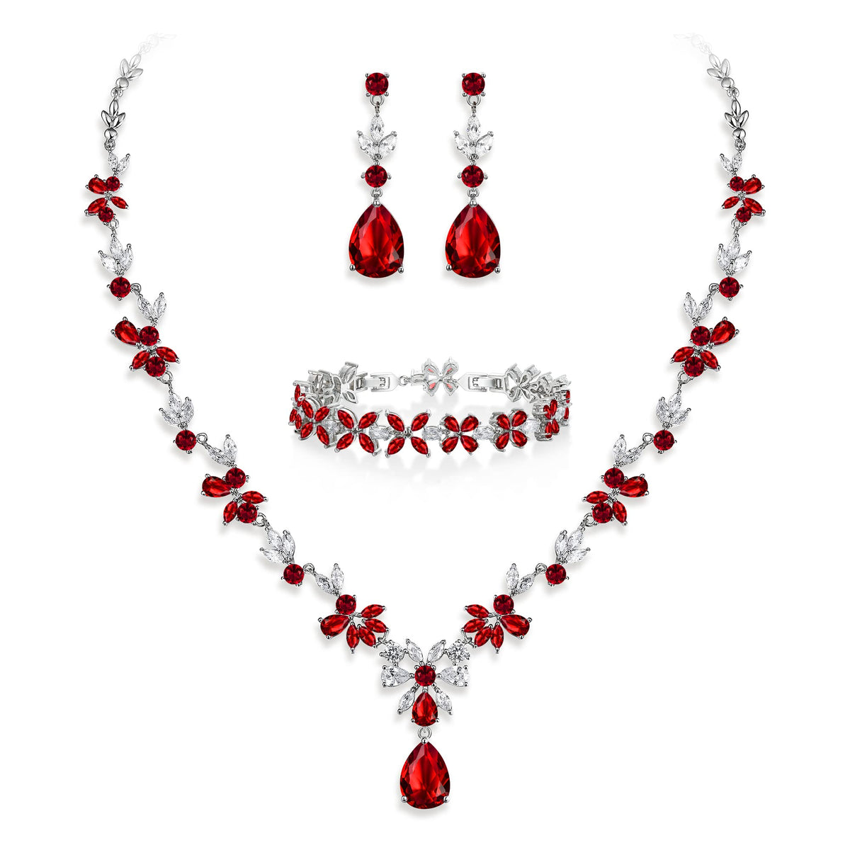 Crysdue Wedding Jewelry Set for Women, Floral Teardrop Necklace Dangle Earrings Bracelet, Cubic Zirconia Elegance Party Jewellery for Bridal Bridesmaid Red Silver-Tone