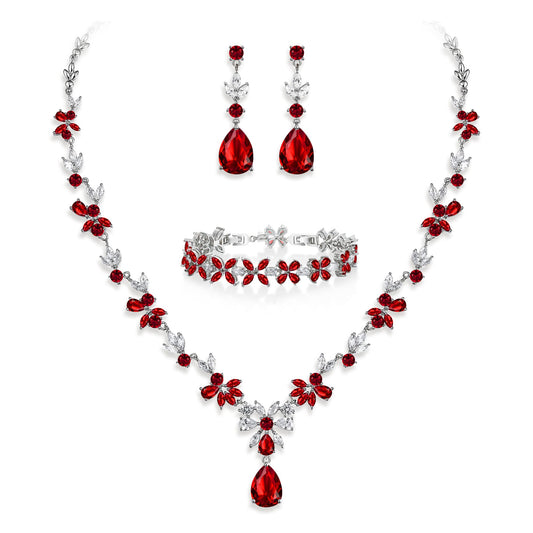 Crysdue Wedding Jewelry Set for Women, Floral Teardrop Necklace Dangle Earrings Bracelet, Cubic Zirconia Elegance Party Jewellery for Bridal Bridesmaid Red Silver-Tone