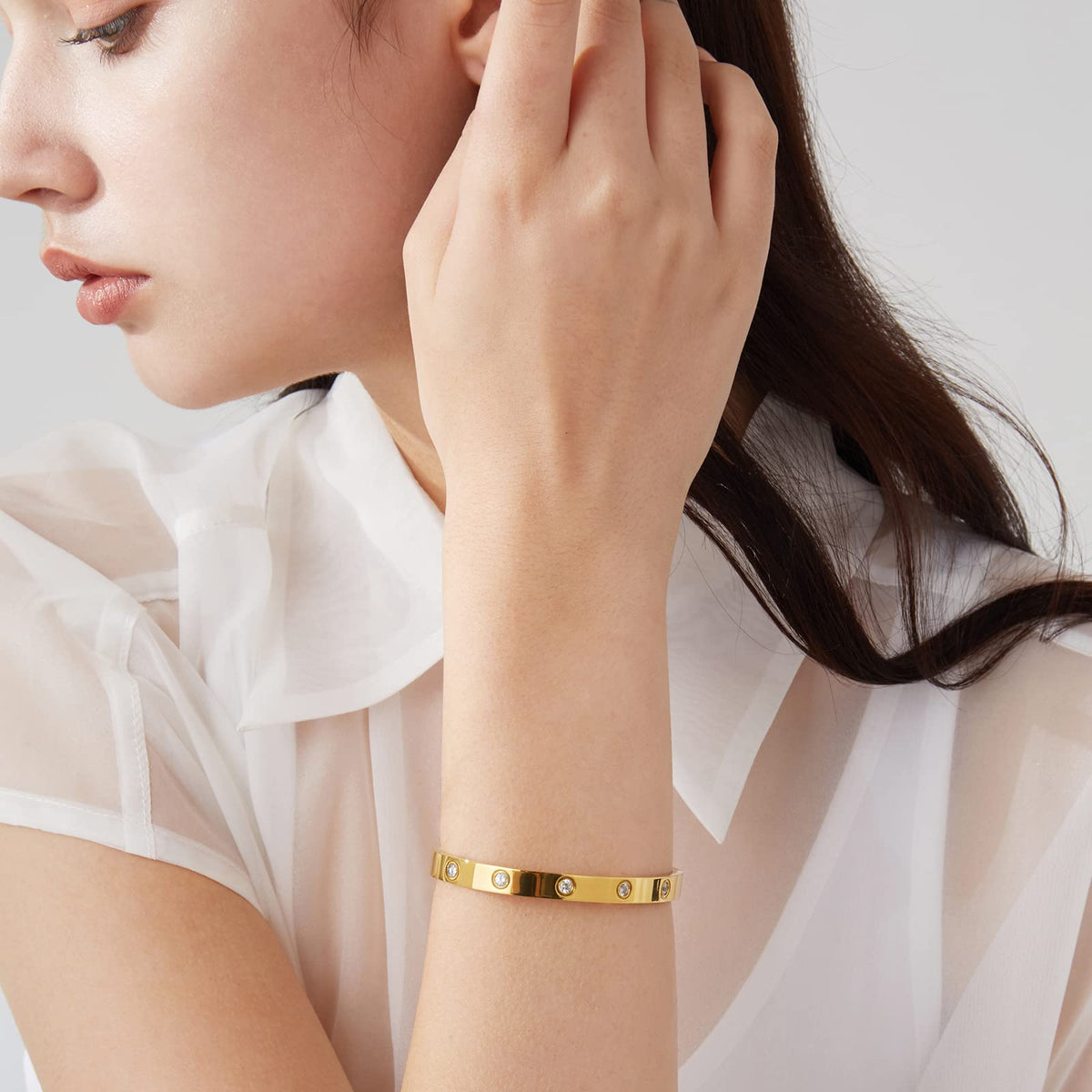 PDWZNBA 18K Gold Plated Love Friendship Bracelets with CZ Stones Trendy Stainless Steel Bangle Jewelry