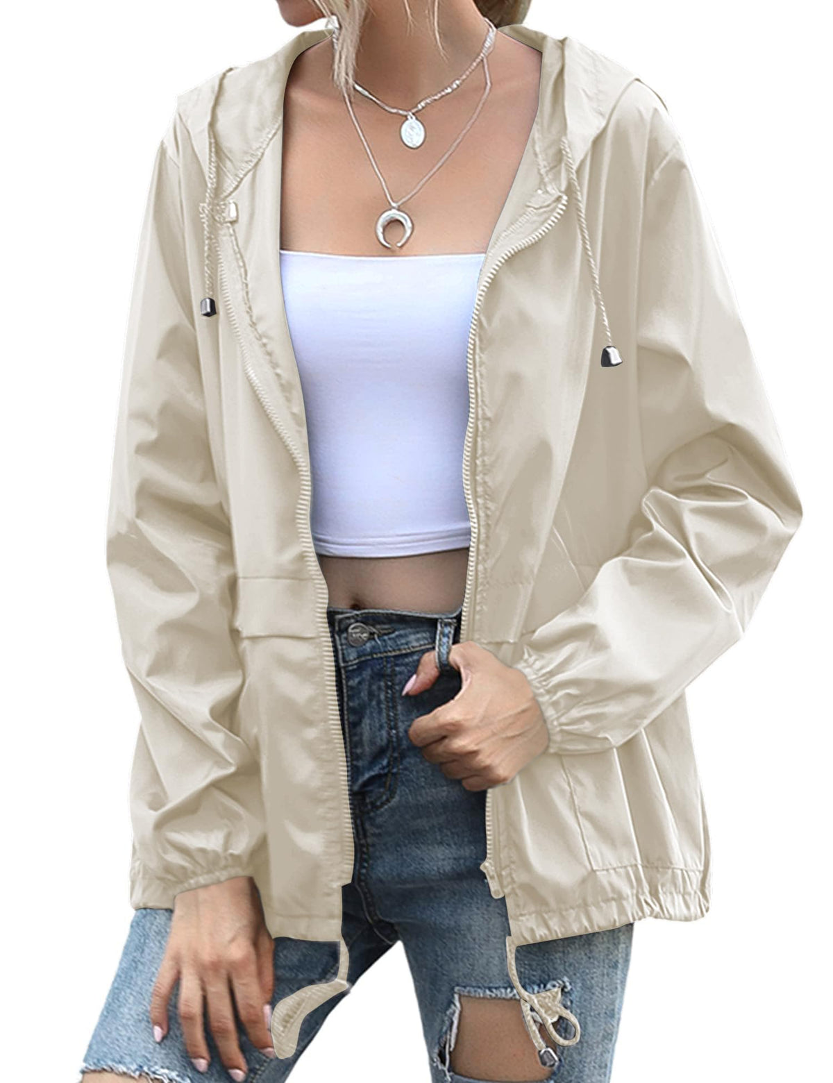 JMinger Packable Rain Jacket Women Lightweight Waterproof Raincoat Packable Hooded Outdoor Windbreaker Beige L