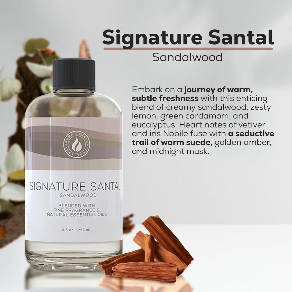 Aroma Country Signature Santal Diffuser Oil - Luxury Essential Oils for Diffuser Refill & Air Freshener Room Spray - Long-Lasting & Natural Home Fragrance, Sandalwood Scented Oil (8.5 Fl. oz)