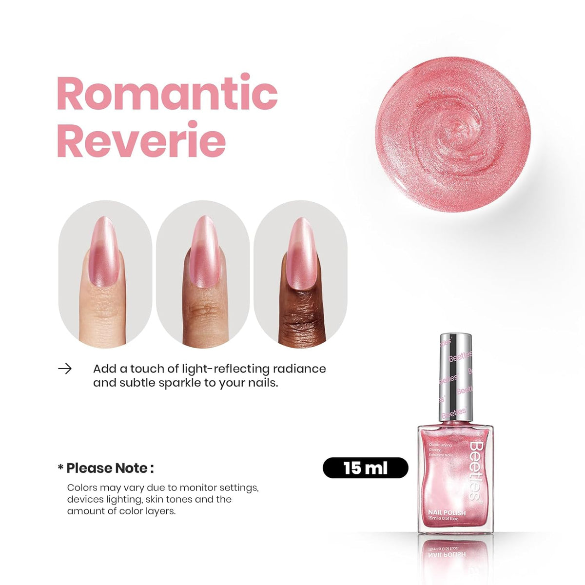 Beetles Pink Nail Polish - 15ML Quick Dry Nail Polish Romantic Reverie Pink Rose Pearl Nail Lacquer Shimmer Fingernail Polish Art Effect for Nail Salon-Quality