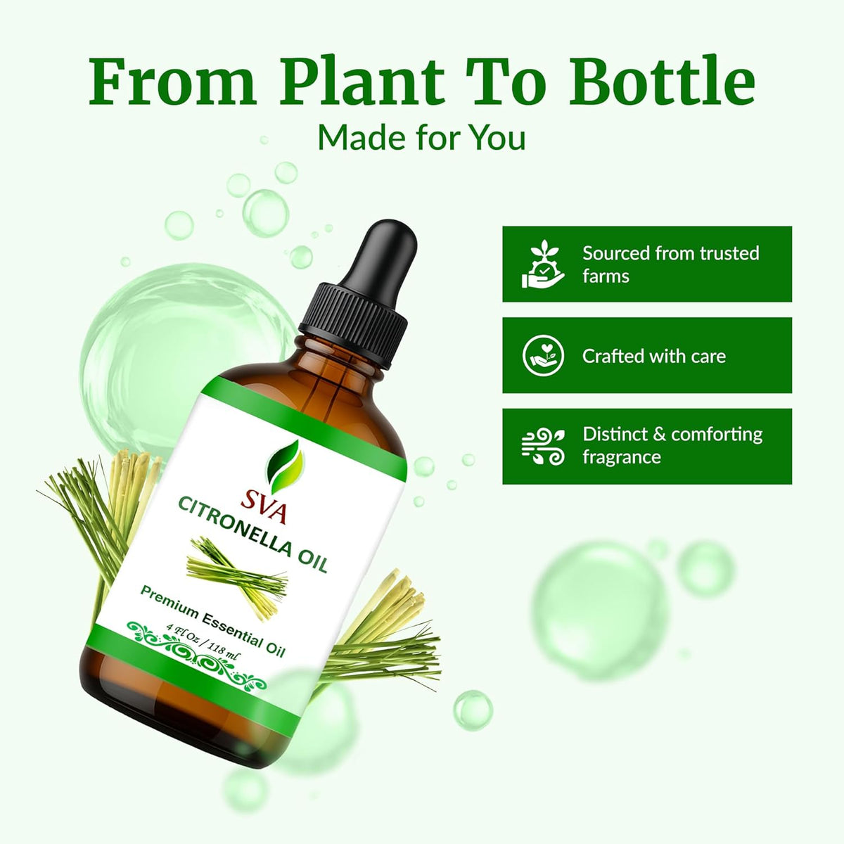 SVA Citronella Essential Oil – 4 Fl Oz – 100% Natural Citronella Oil - for Diffuser, Hair Care, Face, Skin Care, Aromatherapy, Scalp and Body Massage, Soap and Candle Making - with Dropper