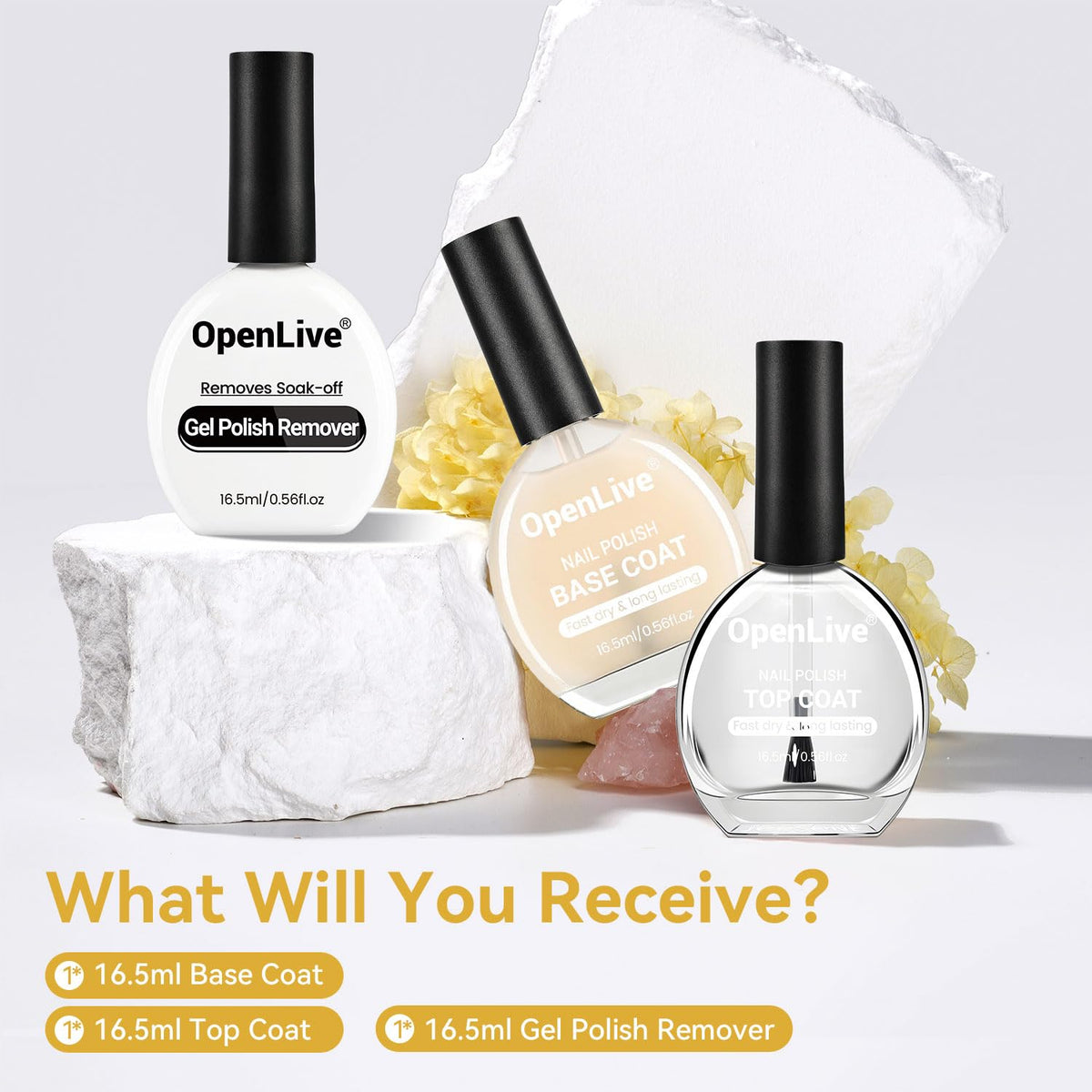 3PCS 16.5ml Quick Dry Base and Top Coat Nail Polish and Gel Remover Set, Base and Top Coat No U V Lamp Curing, Gel Polish Remover for Quick and Easy Removal At Home