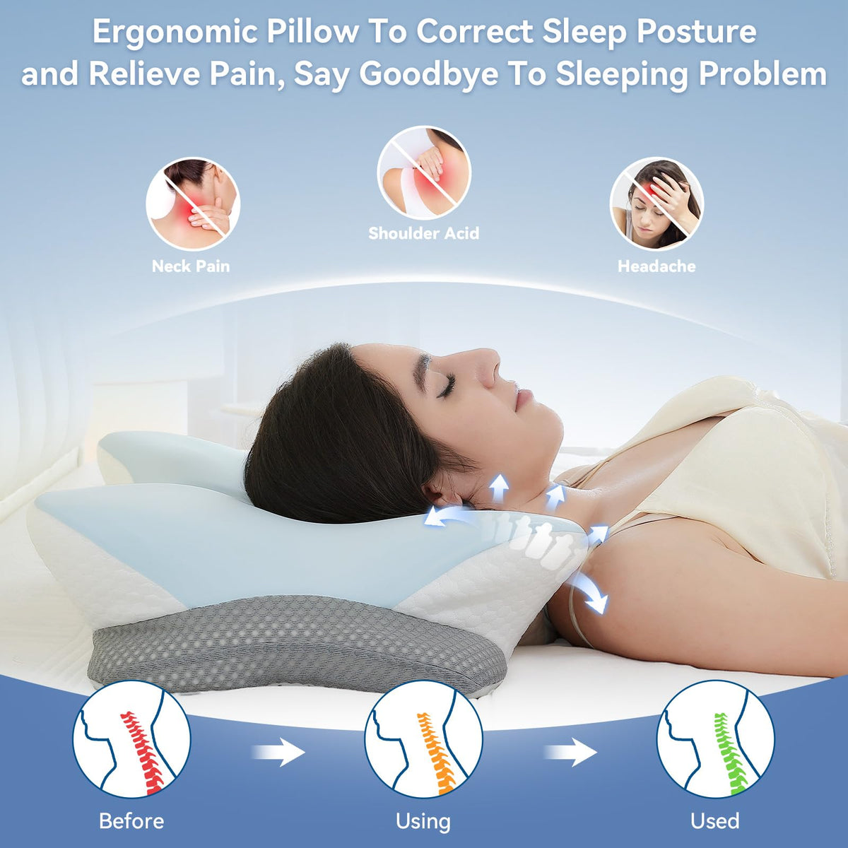 Zmarthumb Ergonomic Cervical Pillow for Neck Support, Memory Foam Orthopedic Contour Side Sleeper Pillows with Dual Heights, Soft Bed Pillow with Breathable Pillowcase for Back, Stomach Sleepers(Blue)