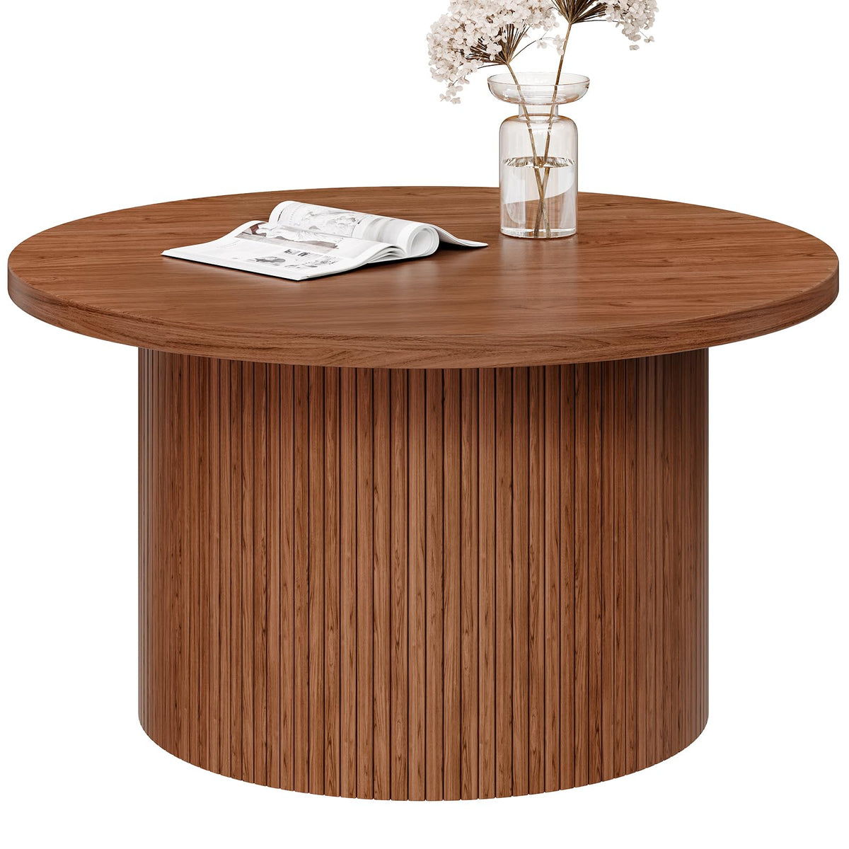 ONBRILL 31.5" Round Coffee Table, Tambour Design Coffee Tables for Living Room, Mid Century Modern Wood Coffee Table, Drum Accent Small Center Table, Walnut