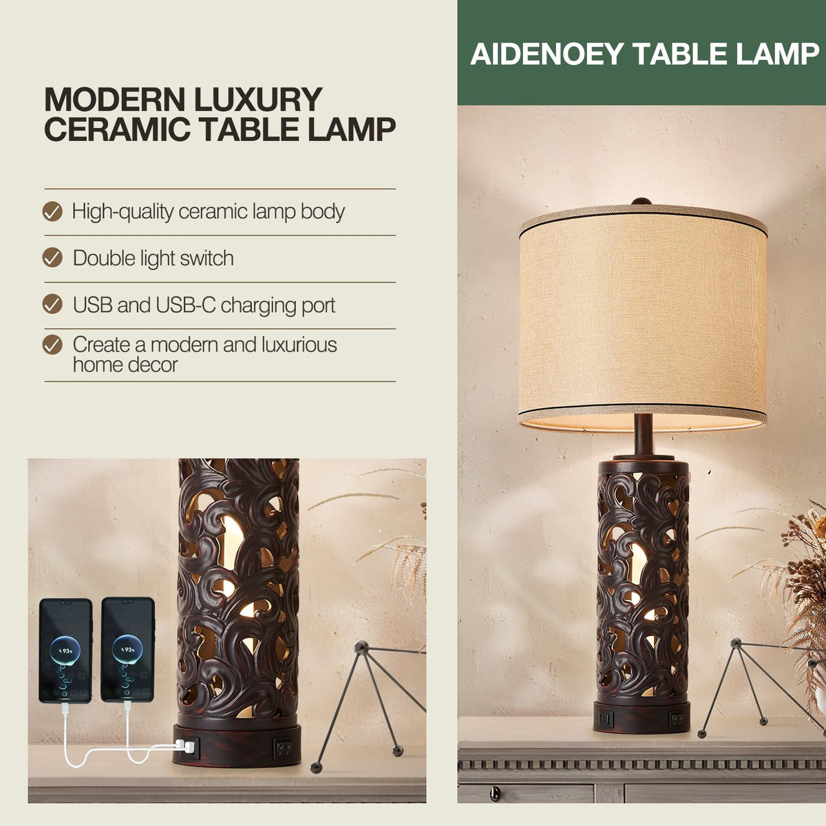AIDENOEY Set of 2 Table Lamps with Night Light, 28" Farmhouse Table Lamp with USB A+C Ports,Brown Ceramic Bedside Lamp with Fabric Shade for Living Room,Bedroom,Home,Office(2 Bulbs Included)