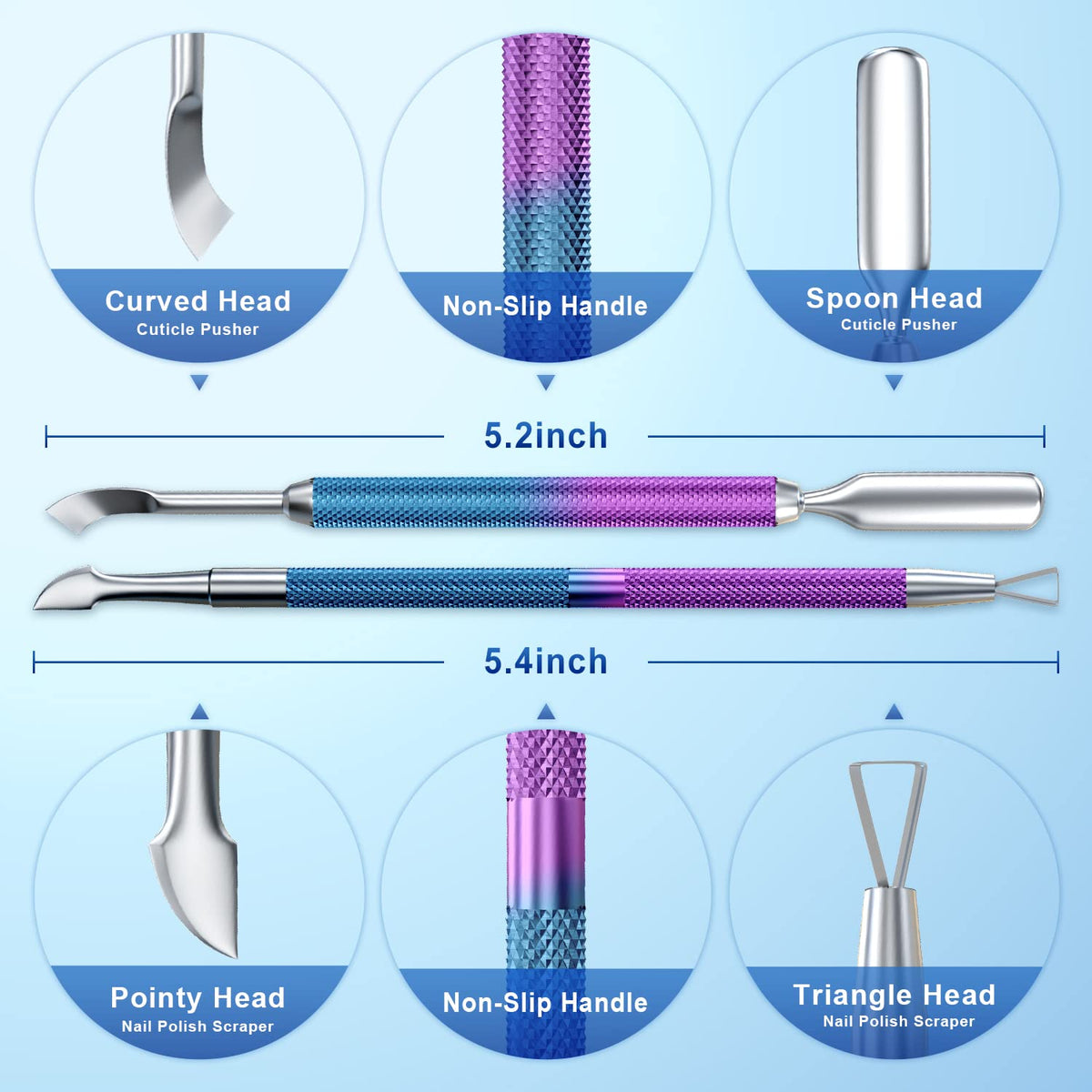 2PCS Metal Cuticle Pusher and Scraper (Blue Purple Mermaid), Nail Trimmer Cutter Stainless Steel Gel Scraper Tool, Nail Polish Remover Peeler Salon Manicure Pedicure Cleaner for Fingernail and Toenail