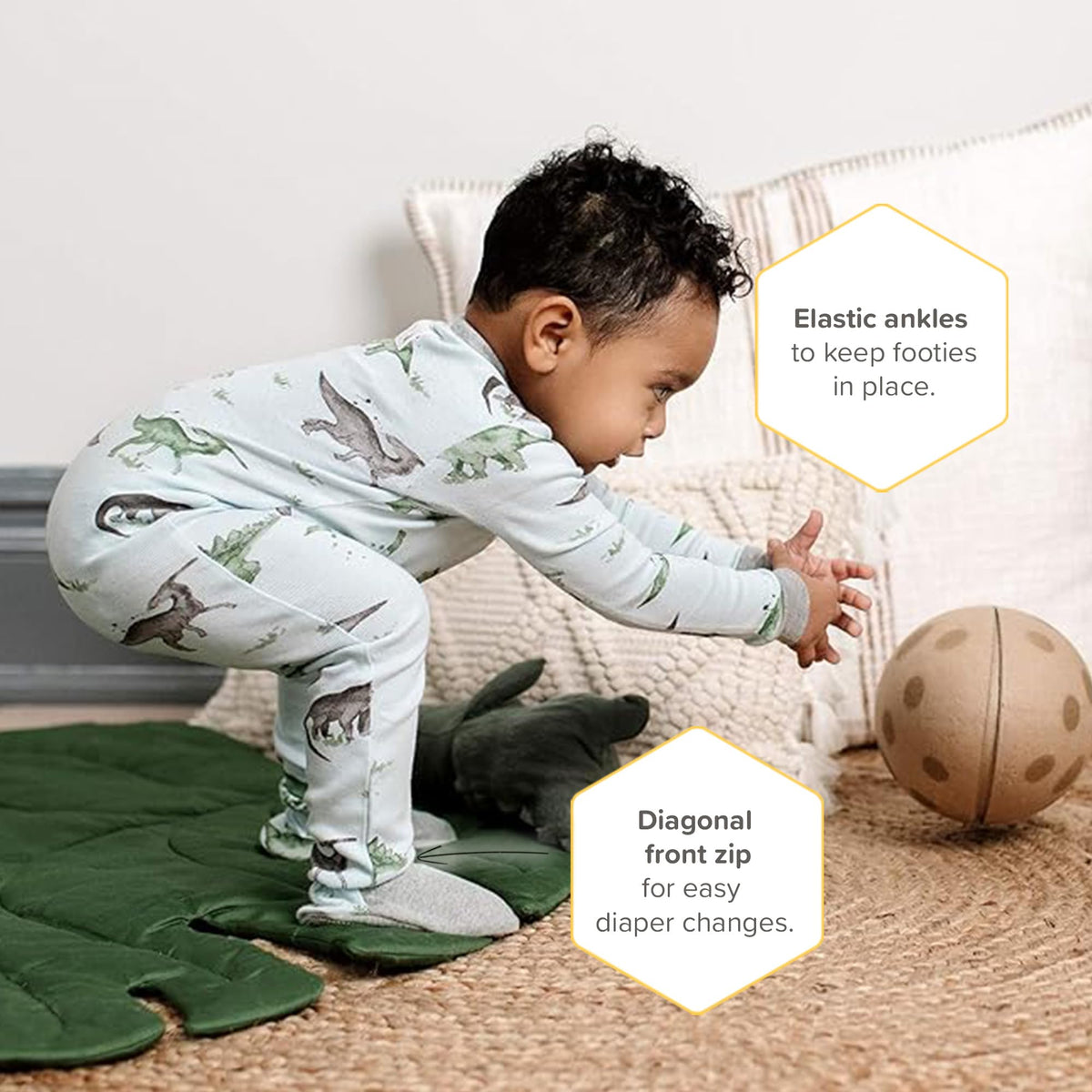 Burt's Bees Baby Baby Boys Pajamas, Zip-front Non-slip Footed Pjs, Organic Cotton and Toddler Sleepers, Happy Herbivores, 12 Months US