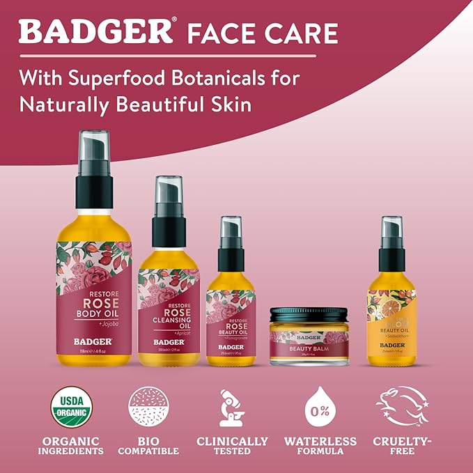 Badger Rose Face Cleansing Oil, Organic Facial Cleanser & Makeup Remover, Non-Greasy Moisturizing Skin Balancing Gentle Face Cleanser w/Pure Rose Oil, 2 fl oz Glass Bottle