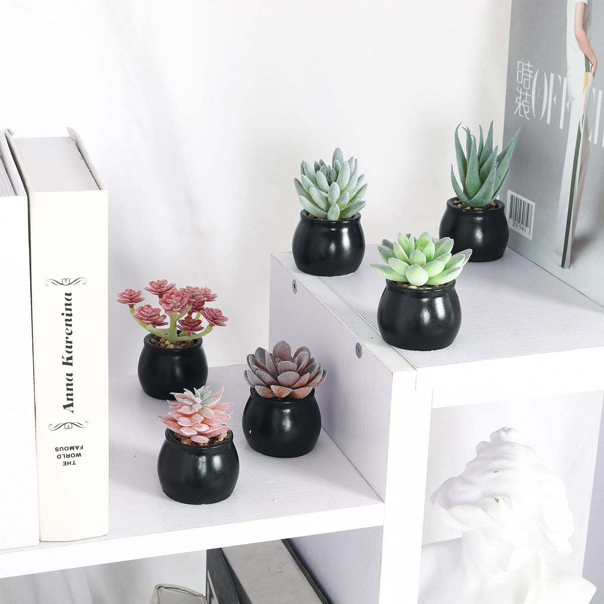 Nubry Mini Fake Plants in Ceramic Pots Artificial Small Succulents Potted Faux Assorted Lifelike Plants for Home Office Desk Decor, Set of 6 (Black Ceramic Pots)