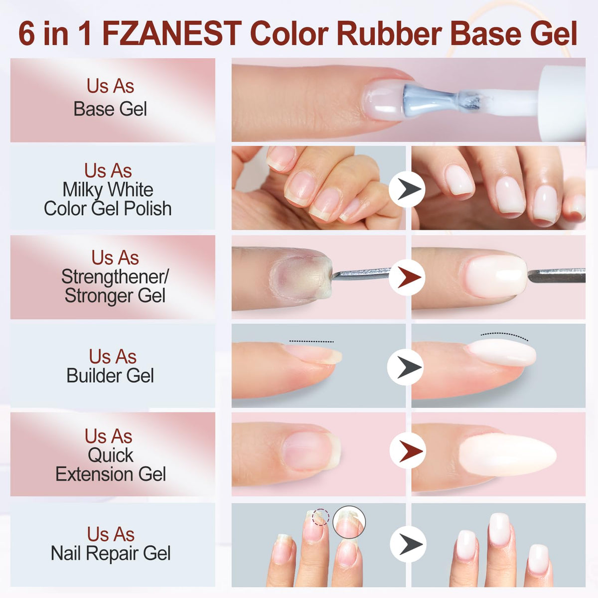 FZANEST Rubber Base Gel Polih Nude Color 6 in 1 Jelly Sheer Beige Builder Gel Thick Base Coat For Nail Strengthener Structure Extension Repair