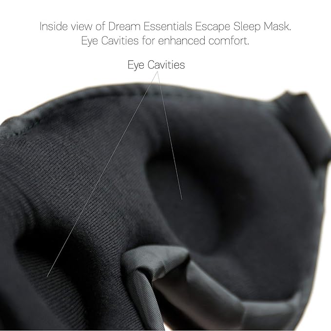 Dream Essentials - Escape 3D Sleep Mask, Earplugs and Carry Pouch Set, Molded Eye Shade for Men and Women, Contoured, Nose Bridge, Light Block, Memory Foam, Gift Set, Travel, Yoga, Blindfold - Black