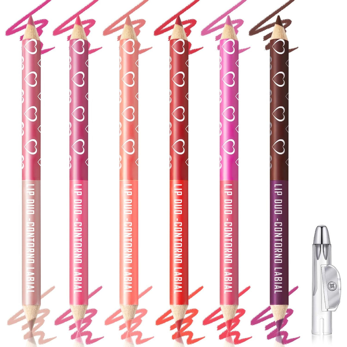 6Pcs Lip Liner Pencil Set Red Pink Purple Brown Double Head Two Colors Matte Finish Waterproof Longlasting High Pigmented Cream Lipstick Lip Colors Pencil Kit with Sharpener Lip Makeup