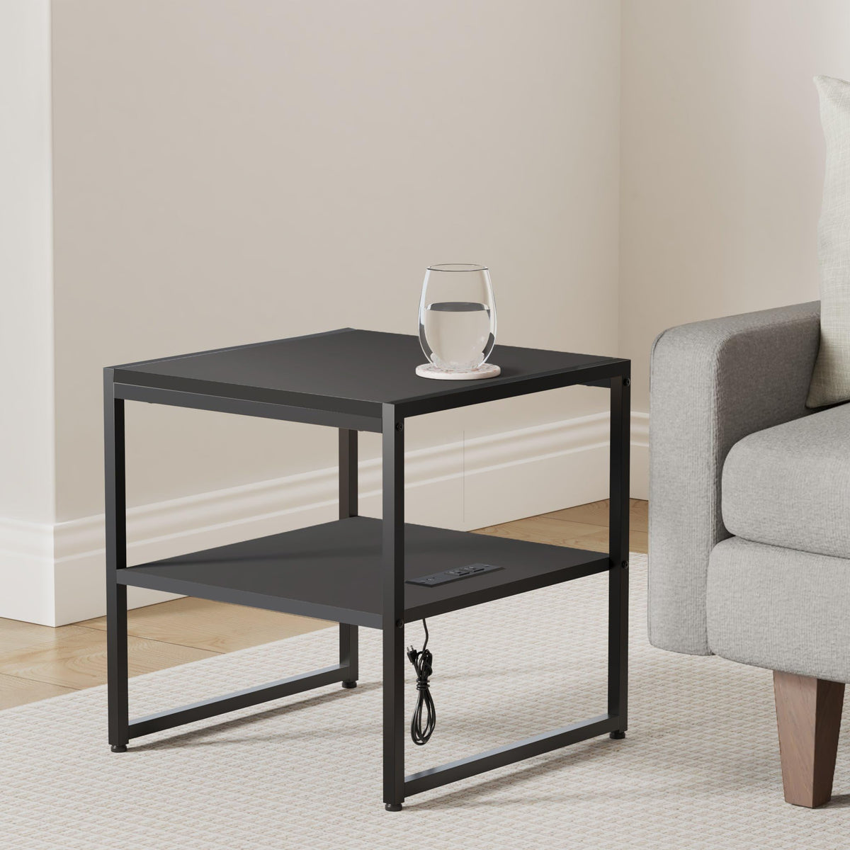 Tatub 20" End Table with Charging Station, Industrial Square Side Table with USB Ports & Outlets, Versatile 2-Tier Small Nightstand for Bedroom Living Room, Black