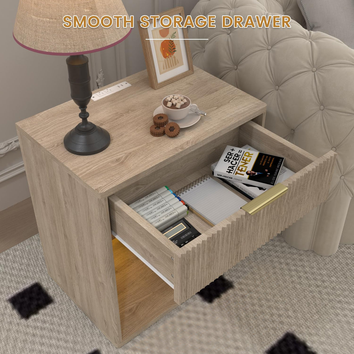 EROMMY Fluted Nightstand with Charging Station, 23” Wide Modern Bedside Table with Drawer, Mid Century Nightstand End Table for Bedroom, Curved Profile, Natural Oak