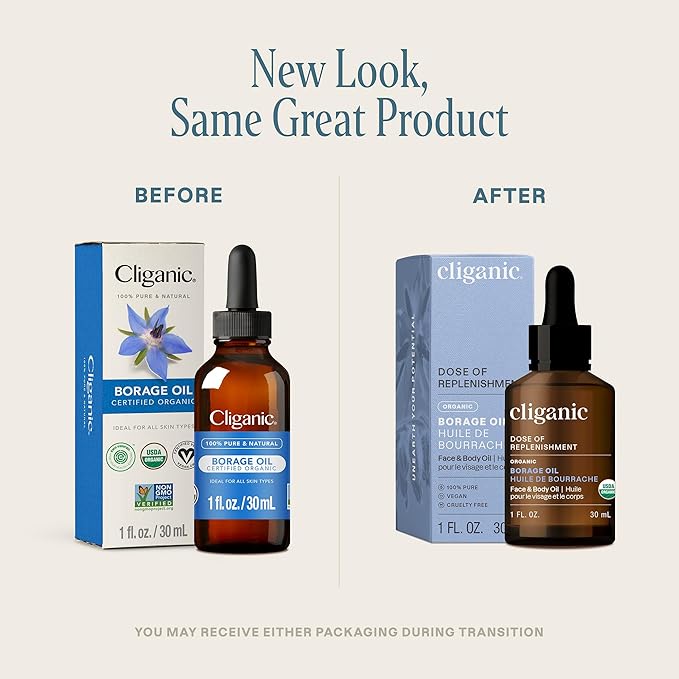 Cliganic Organic Borage Seed Oil for Face, 100% Pure (1oz) - Natural Non-GMO Cold Pressed (Packaging May Vary) (Pack of 2)